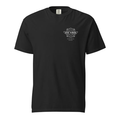 Black tee shirt with maltese cross firefighter graphic saying "Die Tired" across the front. 