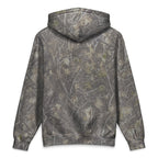 A long-sleeve hooded sweatshirt shown from the back, featuring an all-over camouflage pattern in shades of gray, brown, beige, and muted green on a plain white background.