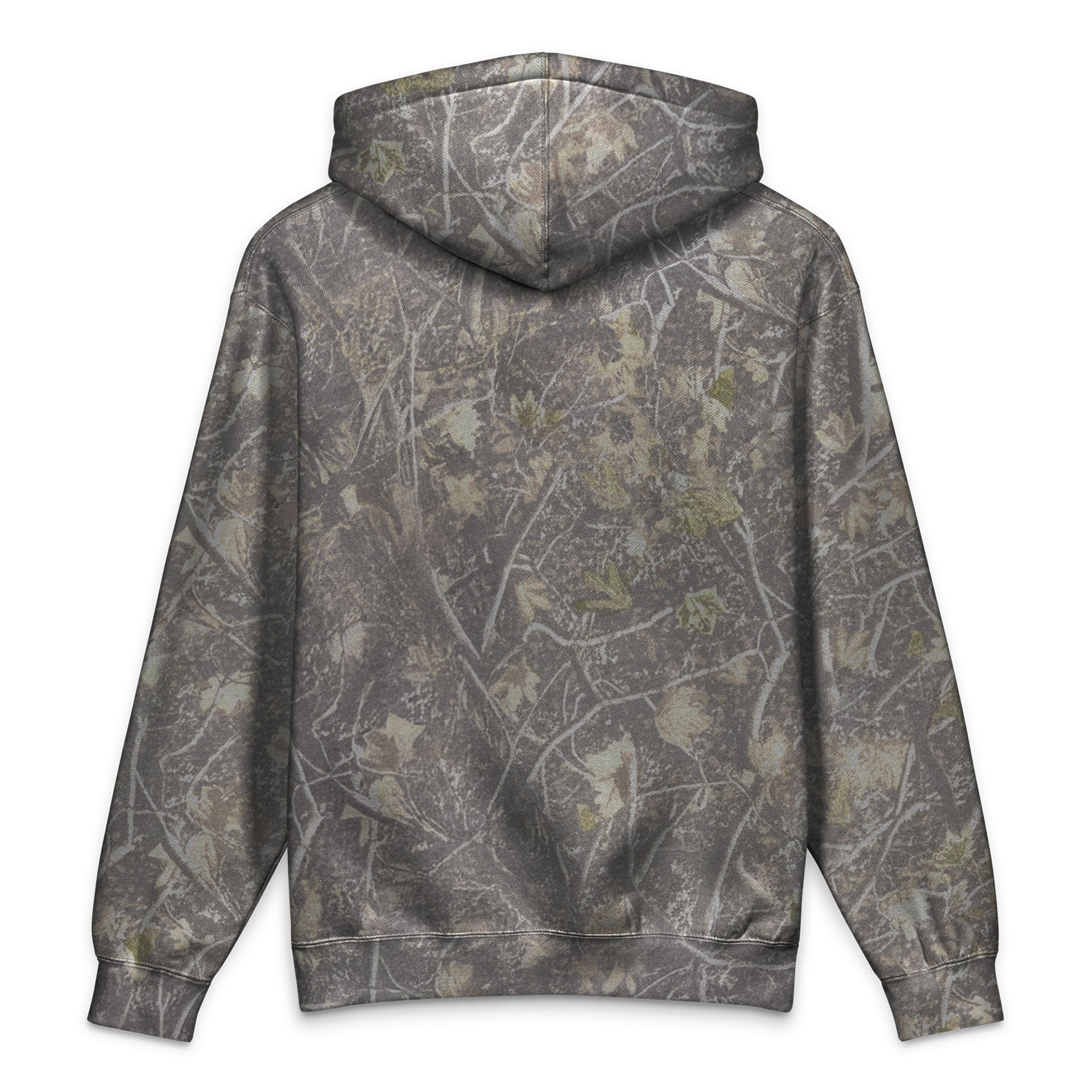 A long-sleeve hooded sweatshirt shown from the back, featuring an all-over camouflage pattern in shades of gray, brown, beige, and muted green on a plain white background.