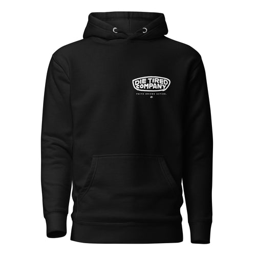 Black hoodie with a white Die Tired Company hand drawn logo on a white background
