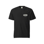 Black die tired t-shirt with a logo on the chest against a white background