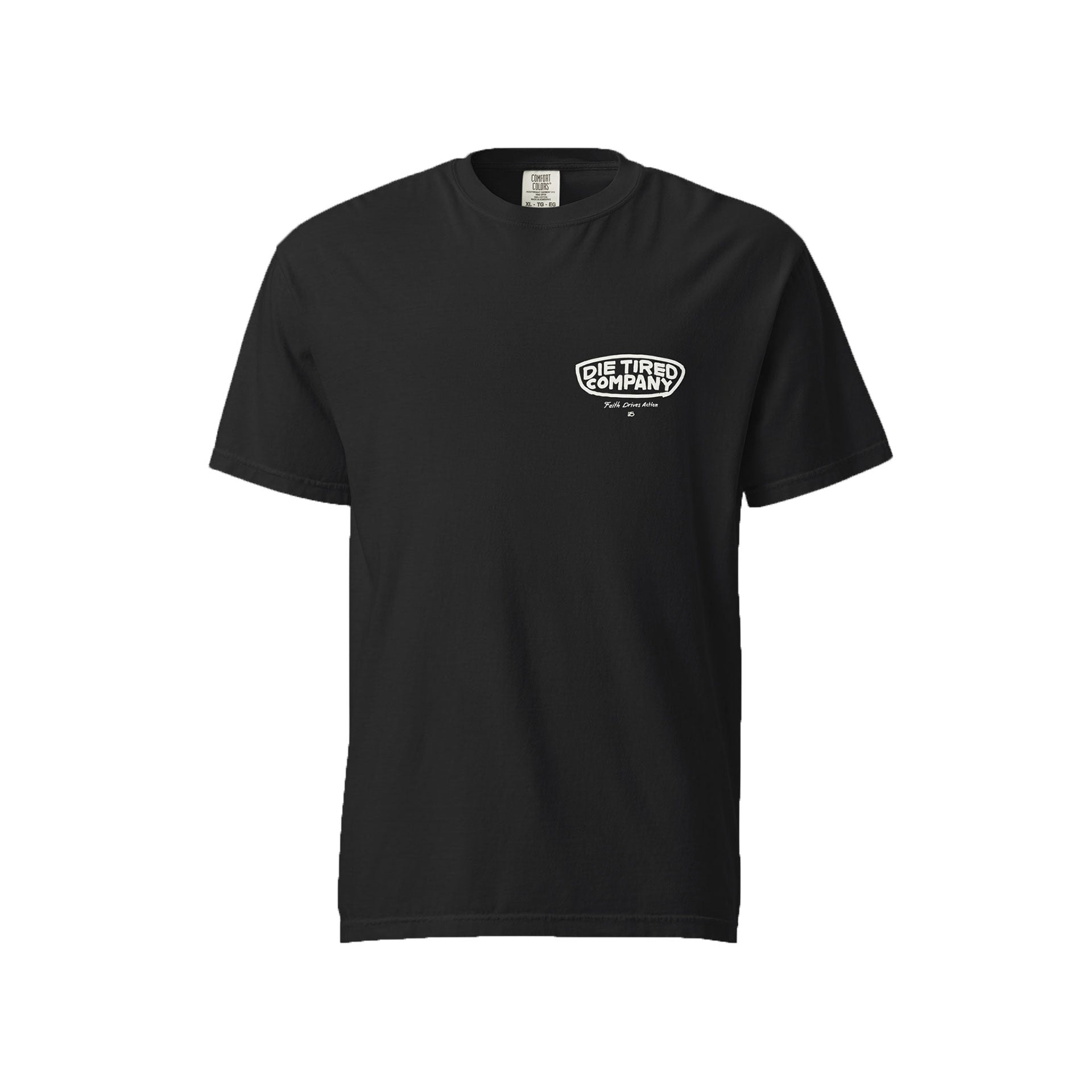 Black die tired t-shirt with a logo on the chest against a white background