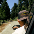 A person seen from behind in a car window wearing a dark brown baseball cap with yellow embroidered text reading 'DIE TIRED COMPANY' and a white shirt, with a forest road in the background.