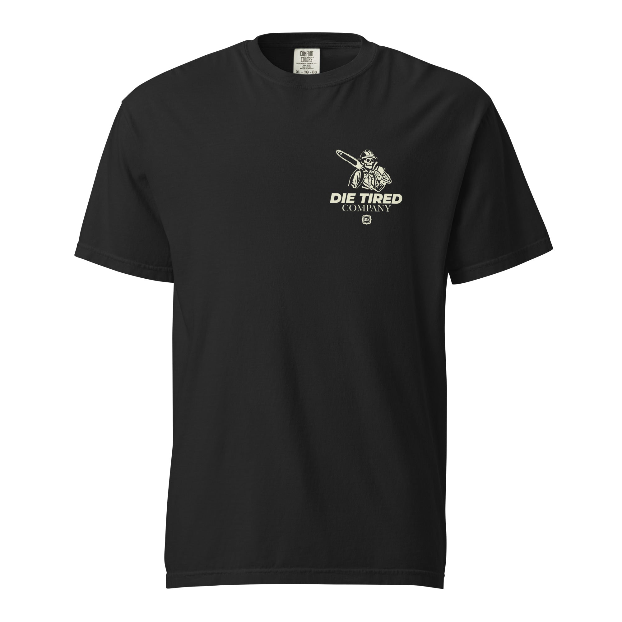 Die Tired black cotton t shirt with wildland firefighter skeleton badge on front against a white background.