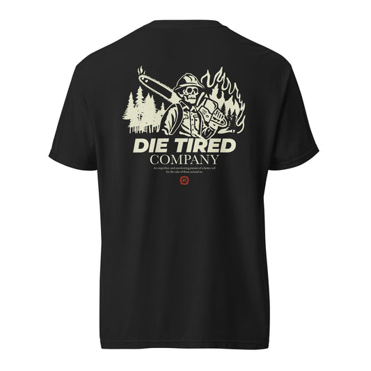 Die Tired black cotton t shirt with wildland firefighter skeleton hand drawn design on the back against a white background.