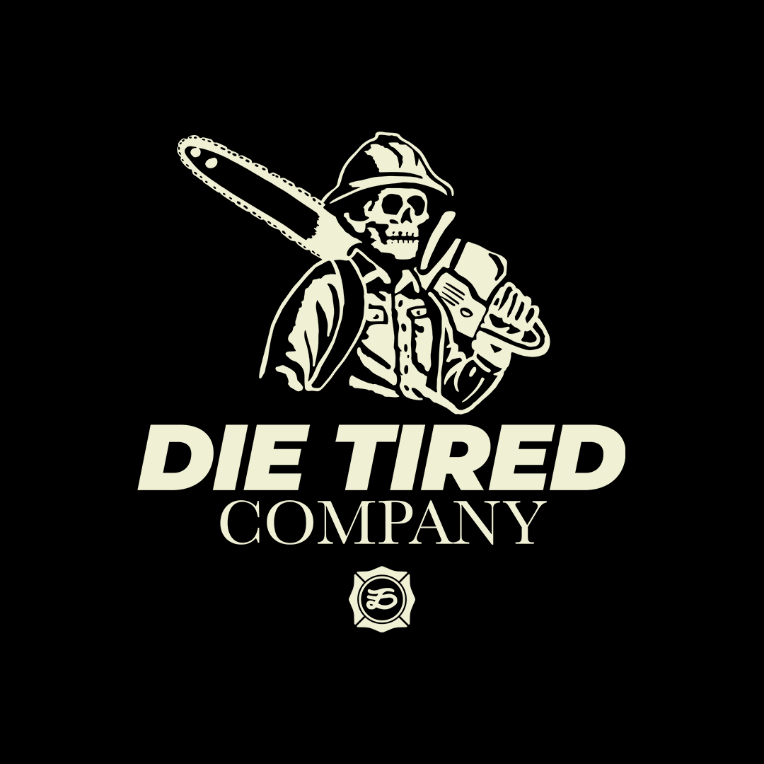 Logo of 'Die Tired Company' with a skeleton holding a chainsaw on a black background.