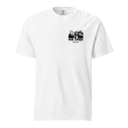 White cotton durable heavyweight t-shirt with "Die Tired" logo badge on front with picture of wildland firefighter skeleton holding chainsaw.