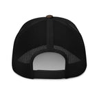 Black mesh cap with a brown button on a white background