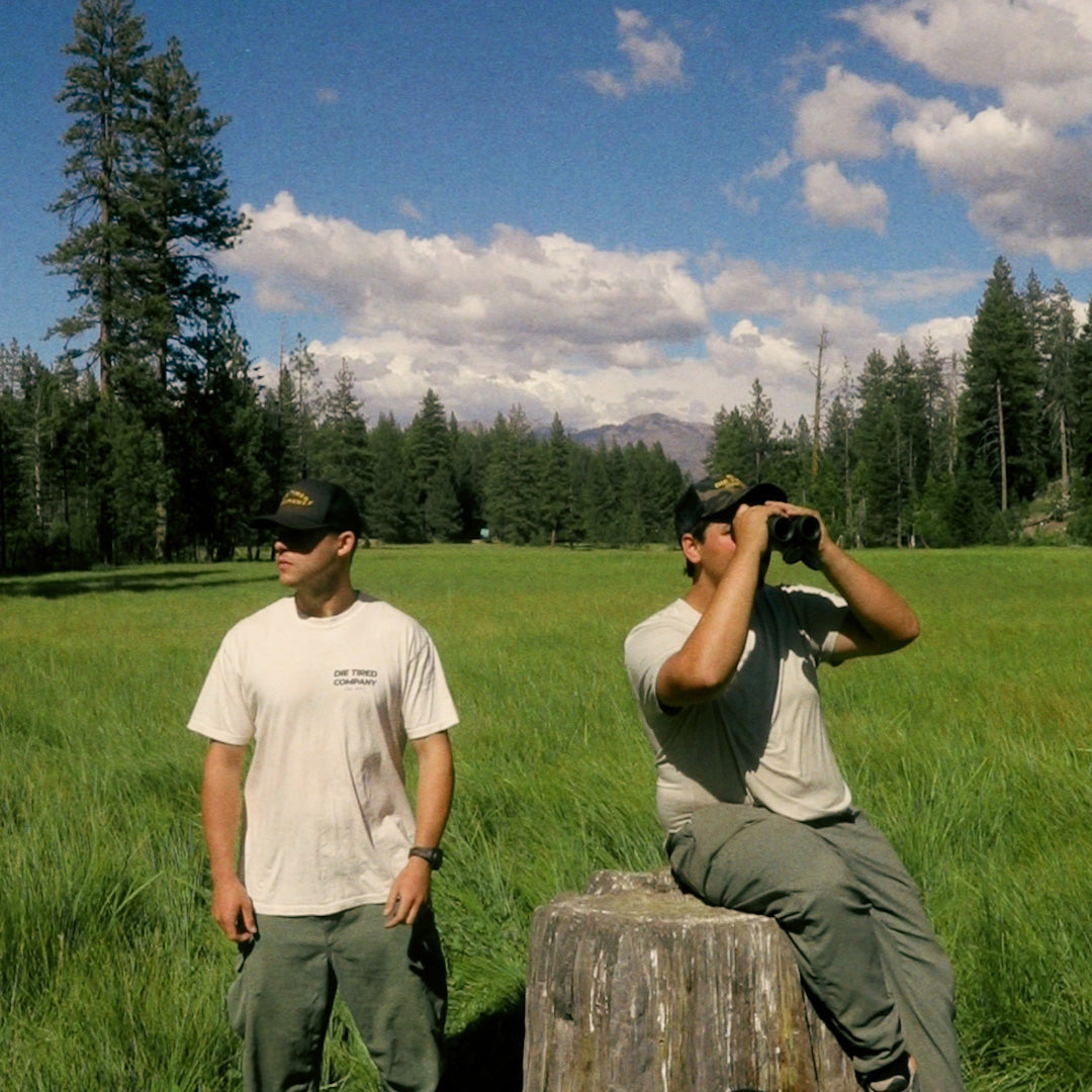 two friends surveying beautiful scenic meadow with pine forest slightly blurred in the background. Both are wearing Die Tired Co natural white graphic tee shirts with Die Tired Company trucker hats.