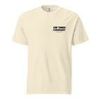 Beige t-shirt with 'Die Tired Company' text on a white background